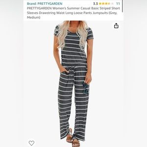 Casual Basic Striped Short Sleeves Drawstring Waist Long Loose Pants Jumpsuits
